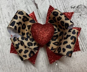 Valentine's Day Hair Bow Red Glitter Bow, Toddler Hair Bow, Cheetah Leopard  - Picture 1 of 3