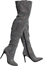 Woman’s all over diamond Rhinestone strip front sluchy thigh high stiletto boots