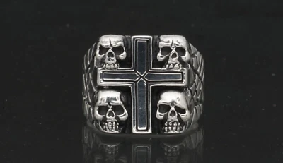Men's Biker Skull Cross Square Signet Ring Solid Sterling Silver 925 US Size 12 - Image 1 of 4
