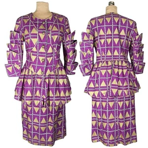 Vintage M/L 80er Neu mit Etikett Baumwolle afrikanischer Druck Ankara Rock & Top lila gold Kunst zum Tragen  - Bild 1 von 22