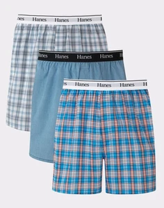 Hanes Originals Cotton Woven Boxers Pack, Men, 3-Pack, Blue Plaids, Small - Picture 1 of 3