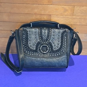Montana West Handtasche Leder verziert Nieten schwarz grau Umhängetasche Western - Bild 1 von 13