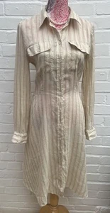 Ralph Lauren Shirt Dress Striped Linen Silk Blend US 12 UK 14 Beige Fit Flare - Picture 1 of 13