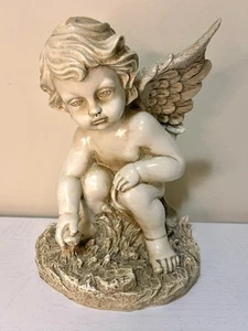 9” Tall Collectible Sitting Cherub Angel Child Resin Outdoor Patio Garden Statue - Picture 1 of 10