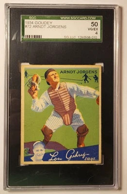 Goudey #72 Arndt Jorgens 1934 novato radiocontrol SGC 50 en muy buena condición/ex 4, Yankees de Nueva York, raro Foto 1 de 2