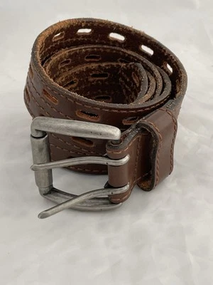 Cinto de couro marrom fileira dupla tamanho 46” bronzeado costurado ocidental usado - Imagem 1 de 4