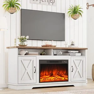 AMERLIFE 63" Farmhouse TV Stand with 26" Fireplace, Rustic Oak & White - Picture 1 of 24
