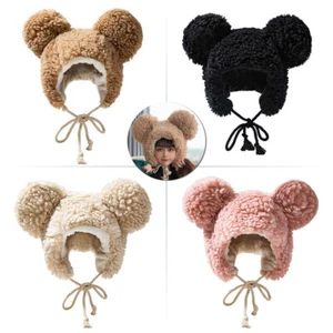 Girls Lovely Bear Ear Hat Winter Thicken Plush Windproof Beanie Soft Cap Khaki - Picture 1 of 16