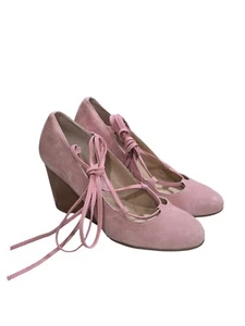 ADRIENNE VITTADINI Smily Pink Suede Lace Up Ankle Wrap Wedge Size 10M - Picture 1 of 4