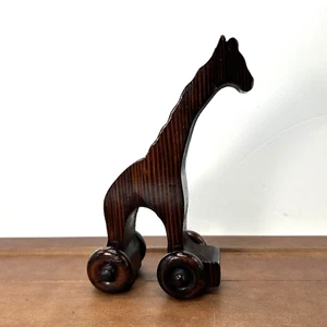 Vintage 8" Wood Giraffe On Wheels Cart Figure Toy - Picture 1 of 8