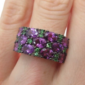KHR Jewels 925 Sterling Silver Real Amethyst & Peridot Cluster Ring Size 7.25 - Picture 1 of 8
