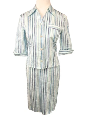 AQUASCUTUM Blue SILK Blend Striped Wrap Skirt Shirt Suit 2pc JAPAN 9 US XS/S - Image 1 of 4