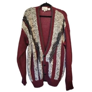 Vintage Sears 80er Handstrick Grobstrick Oversize Cardigan Pullover Rot Grau L - Bild 1 von 7