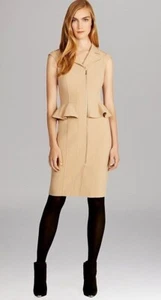 Karen Millen biker style zip peplum beige pencil dress UK 12 US 8 £175 - Picture 1 of 11