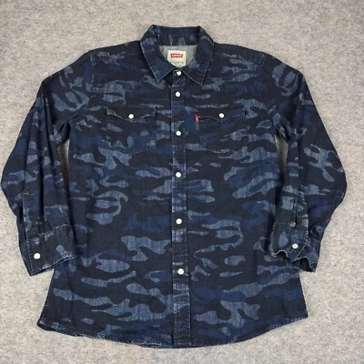 Levis Pearl Snap Denim Shirt Camouflage Camo Blue Boys Large L - Image 1 of 4