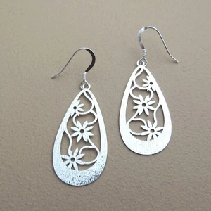 925 Sterling Silver Flower Dangle Drop Earrings Handmade Jewelry Statement - Picture 1 of 4