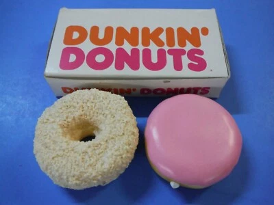 1987 DUNKIN DONUTS REALISTIC COCONUT & PINK ICING CREAM FILLED DONUTS + BOX - Image 1 of 4