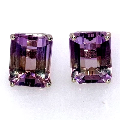 Natural Emerald Cut Purple and Orange Ametrine Stud Earrings 14K White Gold 6.42 - Image 1 of 4