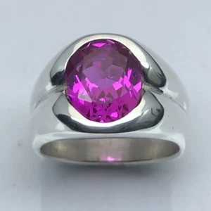 MJG STERLING SILVER MEN'S RING. 12 x 10mm OVAL LAB CREATED PINK SAPPHIRE. SZ 9. - Picture 1 of 7