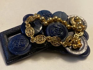 Vintage Blue Gold Tone Mixed Media Handmade Art Button Brooch Pin - Picture 1 of 7