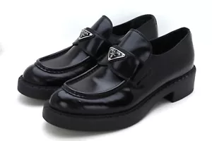 Prada Chocolate Black Brushed Leather Triangle Logo Women Loafers EU 41 - US 11 - Picture 1 of 14