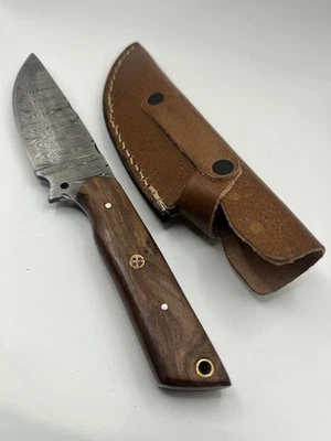 "Cuchillo de caza Damasco para camping hoja fija de 7"" con funda de cuero" Foto 1 de 4