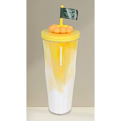 Vaso Starbucks 24 oz amarillo naranja blanco con tapa de silicona con flor tapa nuevo Foto 1 de 4