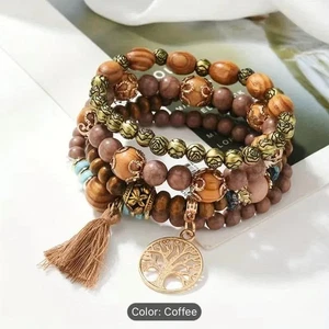 VTG Women Handmade Multilayer Wrap Coffee Bead Bracelet with Tree/Tassel Charms - Picture 1 of 2