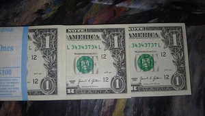 FANCY SERIAL NUMBER $100 BEP STRAP ONE DOLLAR BILLS REPEATER, 34343728-34343828 - Picture 1 of 4