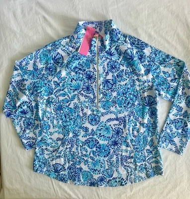 LILLY PULITZER UPF 50+ SKIPPER POPOVER TURQUOISE OASIS SHELL ME YOU LOVE ME  XL - Image 1 of 4