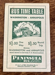 1935 Peninsula Bus Lines Time Table Washington Annapolis Us Naval Academy - Picture 1 of 5