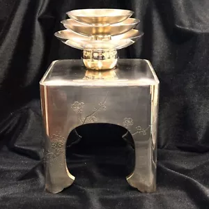 JAPONÉS PLATA PURA CEREMONIAL 3 TAZAS DE SAKE Y PLATA CON PATAS + BANDEJA DE LACA - Imagen 1 de 17