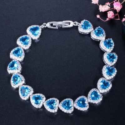 Romantic Love Heart Titanic Ocean Blue Topaz Gems Women Silver Charm Bracelets - Image 1 of 4