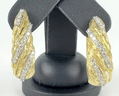 18k Multi-Tone Gold 1.67ctw Natural Diamond Large Textured Hoop Clip-On Earrings - Image 1 of 4