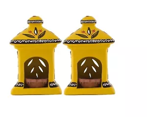 Set of 2 Handmade Clay Terracotta Hut Lamp Tealight Oil Lamps Puja Home Decor - Picture 1 of 5