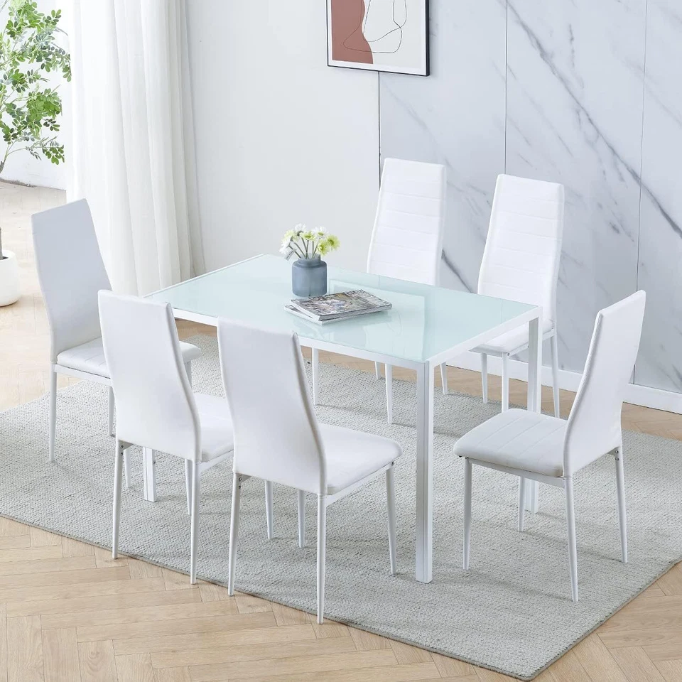 Dining Table And Chairs 4/6 Seater With Glass Room Leather Kitchen Furniture Set - Image 1 of 1