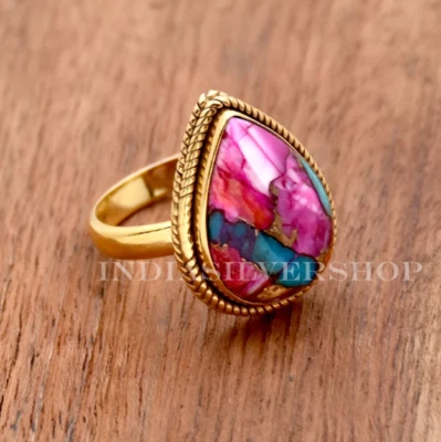 Anillo Kingsmen Rosa Dalia Turquesa Plata Esterlina Hecho a Mano Banda Chapada en Oro Foto 1 de 4