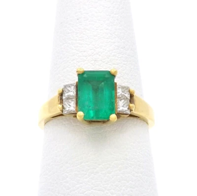 Solid 18k Gold Natural Emerald Diamond Ring Three Stone Setting sz6 Nice Quality - Image 1 of 4