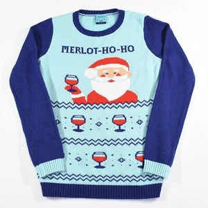 Norther Pole Ugly Christmas Sweater Women's Small Blue Merlot-Ho-Ho Santa Wine - Picture 1 of 9