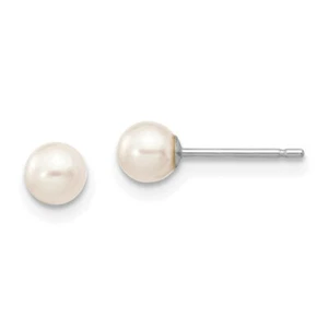 Real 14kt White Gold 4-5mm White Round FW Cultured Pearl Stud Post Earrings - Picture 1 of 5