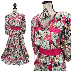 Vintage 80's Diane Freis Original Floral Glam Dress M/L Cottage Pink - Picture 1 of 7