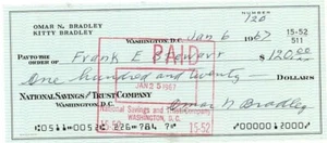 General Omar Bradley-Signed Bank Check from 1967 - Picture 1 of 1
