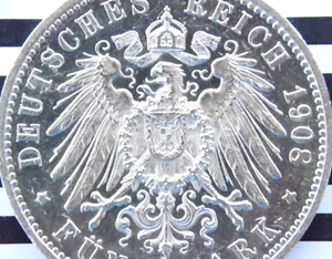 GERMAN 5 Mark 1908 F States WURTTEMBERG WILHELM II. Silver Coin WW1 + RARE PL + - Picture 1 of 12
