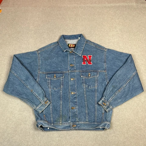 VINTAGE Nebraska Cornhuskers Jacket Mens Medium Blue Embroidered Denim Trucker Cover
