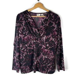 Blusa Top Chico's Mujer Talla XL Púrpura Negra Floral Cuello en V Plisada Manga Larga - Imagen 1 de 8