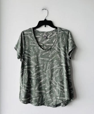 Falls Creek T Shirt Green Beige Leaf Print Short Sleeve Scoop Neck Womens Large - Image 1 of 4