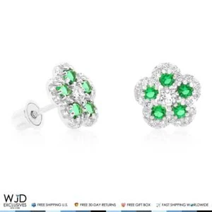 CZ & Emerald Flower Cluster Stud Earrings 14k White Gold 8mm - Picture 1 of 4