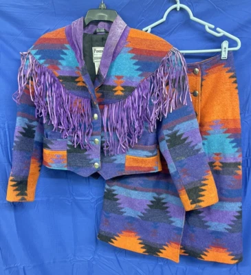 复古 PIONEER WEAR 2件 服装/套装橙色/绿色/紫色/红色条纹 NAVAJO Aztec 14 — 第 1/4 张图片