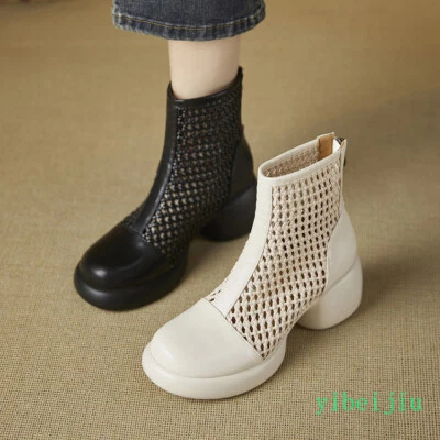 Women's Hollow Out Weave Mid Block Heel Ankle Boots Leather Comfort Shoes 2025 - Image 1 of 4