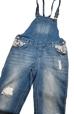 Justice Jeans 18 Mid Rise Super Skinny Bib Overalls Blue Jeans Distressed Lace - Image 1 of 4
